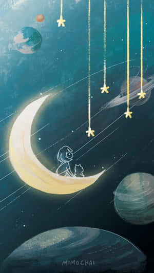 小孩和貓坐在彎月上，在繁星點點的太空場景中漂浮著行星。 — 手機 壁紙