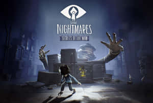 小孩在帶有發光眼睛標誌的黑暗工業環境中逃離巨手。 — 小小夢魘 壁紙