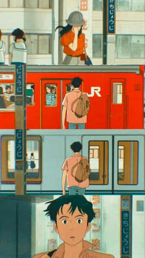 一個男孩抬頭看著駛過的火車，一個女孩站在月台上他的上方。 — 海浪 壁紙