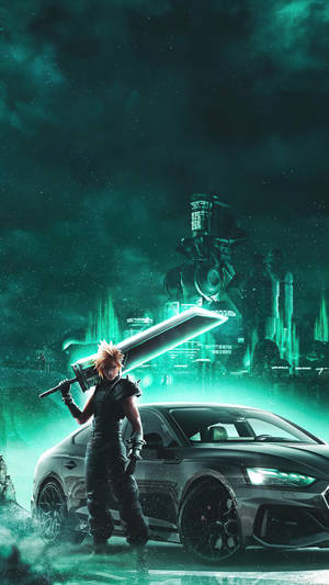 發光劍嘅戰士企喺黑色跑車旁邊，喺夜晚嘅霓虹綠色 cyberpunk 城市。 — 最終幻想XV 壁紙