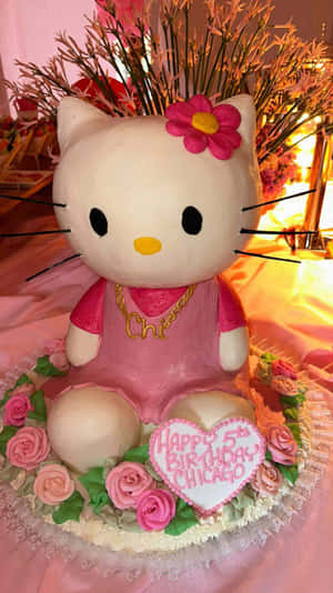 為芝加哥準備的Hello Kitty生日蛋糕，配有粉紅玫瑰和心形裝飾。 — Hello kitty 美學 GIF 壁紙