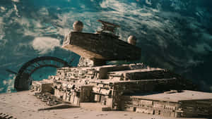 一個大型太空站繞著一個帶有旋轉雲層和彎曲橋樑的藍色星球運行。