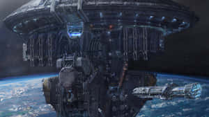環繞地球的未來太空站，附近停靠著一艘太空船。 — Spacex GIF 壁紙