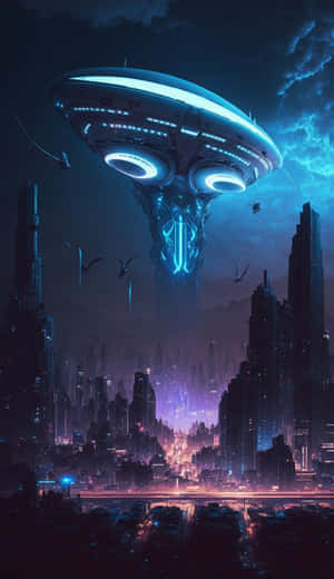 一個發光UFO在夜晚懸浮於霓虹燈照亮的未來城市之上。 — 遊戲 壁紙