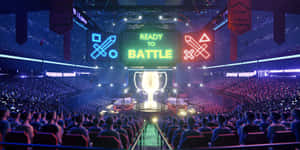 在發光的電競場館中，舞台上有「READY TO BATTLE」的人群。 — 遊戲 壁紙