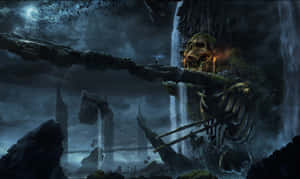 一個發光眼睛的巨型骷髏站在暴風雨廢墟中，有瀑布和蝙蝠在月亮下飛翔。 — 最黑暗地牢 壁紙