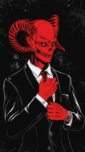 身穿黑色西裝的紅色有角惡魔，在黑暗濺墨背景下調整領帶。 — 惡魔 壁紙
