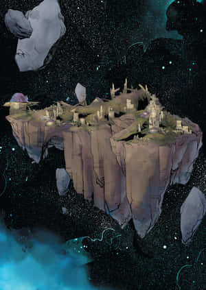 星空宇宙場景中帶有遺跡和發光植物的浮島。 — IQOO Pad 壁紙