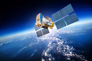 衛星在地球上空的軌道上，太陽能板展開。 — 3:2 壁紙