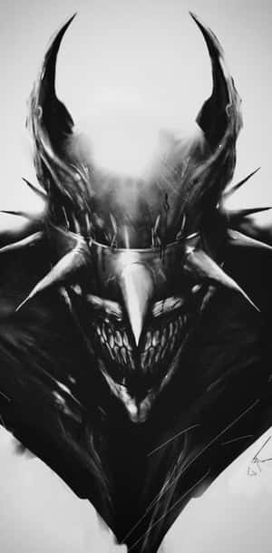 黑白素描中一個有角和尖牙的惡魔面孔。 — 蝙蝠俠 壁紙