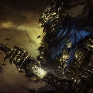 一位身穿華麗盔甲的奇幻戰士，在飛揚的碎片中揮舞著發光的劍。 — 賽博龐克 壁紙