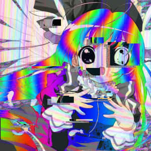一個帶有彩虹頭髮和大眼睛的動漫女孩的故障藝術。 — 湖 壁紙