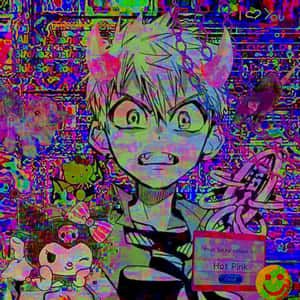 帶有惡魔角和鎖鏈的動漫角色在故障數位拼貼中。 — 怪異核心 壁紙