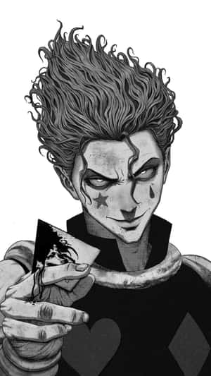 動漫小丑角色，頭髮狂野，拿著一張血淋淋的牌。 — Hisoka GIF 壁紙