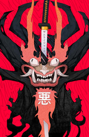 火紅色的惡魔，劍穿過額頭，帶有代表邪惡的漢字。 — Oppo Pad 壁紙