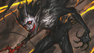 一個帶有發光紅眼和尖牙的惡魔怪物向前猛撲。 — 惡魔 壁紙