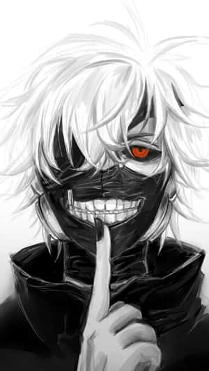 動漫角色白髮紅眼將手指放在嘴唇上戴黑色面具。 — 金木研 GIF 壁紙