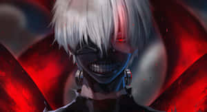帶有白髮和紅眼的動漫角色威脅性地微笑。 — 金木研 GIF 壁紙