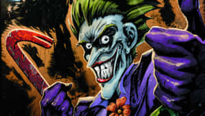 漫畫小丑，綠色頭髮和紫色西裝，手持沾滿血的鐵撬。 — 蝙蝠俠 壁紙