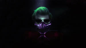 在黑暗環境中發光的綠色頭髮和紫色面具頭骨。 — 暗色 壁紙