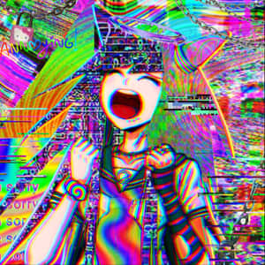 帶有貓耳的動漫女孩在故障霓虹數碼藝術中尖叫。 — 城市景觀 壁紙