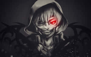 在黑暗環境中帶有發光紅眼和連帽斗篷的動漫角色 — 金木研 GIF 壁紙