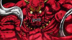 紅色惡魔，有角和發光的眼睛，以動漫風格握著彎曲的刀片。 — 動漫惡魔 壁紙
