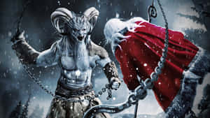 帶鎖鏈的惡魔人物在雪地森林中與聖誕老人對峙。 — 美麗聖誕 壁紙