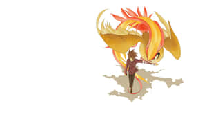 一個人站在雲端上，一隻巨大的火焰鳳凰在他們周圍盤旋。 — 型爆寵物小精靈 壁紙
