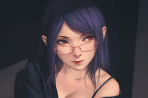 紫色頭髮和紅色眼鏡的動漫女孩在昏暗燈光下看著觀眾。 — 東京喰種角色 壁紙