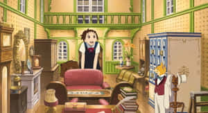 女孩和貓在一個細節豐富的娃娃屋中，配有復古家具和書籍。 — 可愛貓咪 壁紙