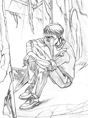 一個年輕男子獨自坐在受損的房間中，神情沮喪且挫敗。 — 源氏 GIF 壁紙