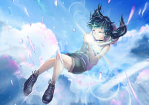 動漫女孩在發光的天空中漂浮，周圍有彩色粒子和雲朵。 — 愛戀風格 壁紙