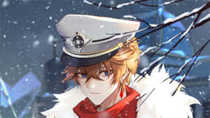 年輕動漫男子穿著冬季外套和帽子，站在雪地中，周圍有光禿禿的樹枝。 — 原神手機 壁紙