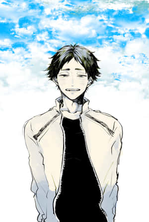 穿外套的動漫男孩在藍天下與雲朵微笑 — POCO Pad 壁紙