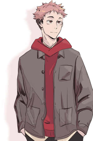 動漫男孩，粉紅色頭髮，穿著紅色連帽衫和灰色外套，站在白色背景前。 — 小米Mix 壁紙