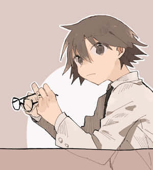 動漫男孩在書桌前拿著眼鏡，神情若有所思。 — Honor Magic V 壁紙
