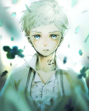 白髮藍眼的動漫男孩，頸上有22號紋身，被漂浮的綠色碎片包圍。 — Apple Watch Ultra 壁紙
