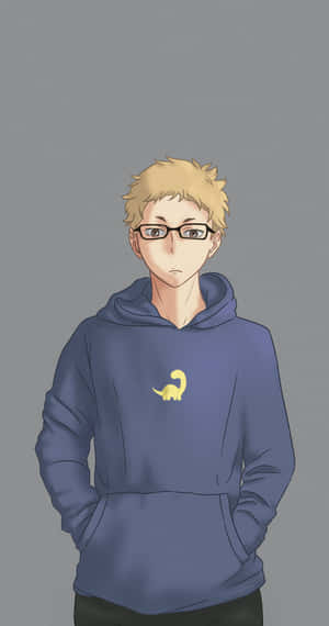 動漫男孩穿著帶有黃色恐龍標誌的藍色連帽衫，站在灰色背景前。 — Pixel Fold 壁紙
