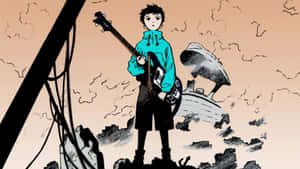 動漫男孩在廢墟城市景觀中手持低音結他，背景有破損建築物和朦朧天空。 — 可愛火影忍者 壁紙