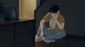 年輕動漫角色坐在地上拿著電話，昏暗房間 — 海浪 壁紙