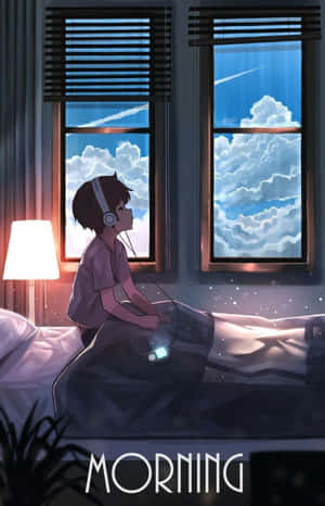 動畫男孩在床上戴著耳機聽音樂，晨光顯示外面的雲朵。 — 暗黑動漫 壁紙