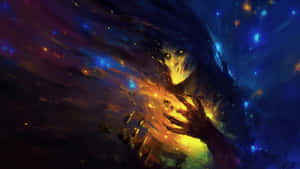 一個在旋轉宇宙粒子中，有著發光眼睛和黑髮的幽靈存在。 — 抽象藝術 壁紙