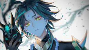 動漫角色，擁有藍綠色頭髮和發光的眼睛，手持黑暗武器。 — 原神 壁紙