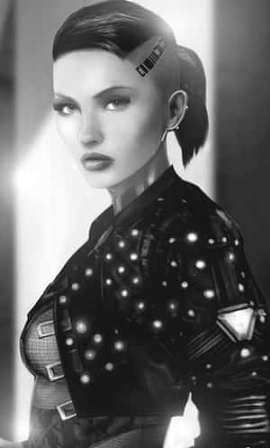 未來主義女性，身穿發光鉚釘皮革外套，帶有條碼髮夾。 — Galaxy Tab A11 壁紙