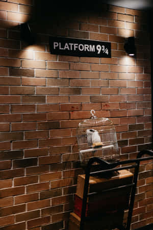 磚牆上Platform 9¾標誌附近行李上的鳥籠。 — POCO Pad 壁紙