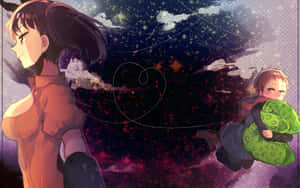 動漫女孩和男孩漂浮在星空空間中，帶有發光粒子和心形輪廓。 — Steam Deck 壁紙