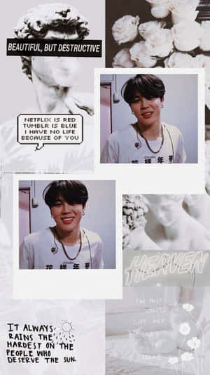 男人、玫瑰、雕像和勵志語錄的拼貼畫，背景帶有紋理。 — Jimin GIF 壁紙