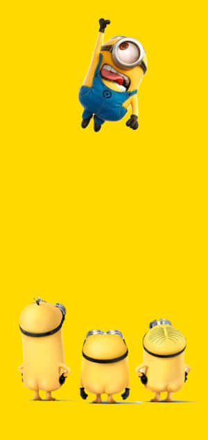 三個Minion向上看著一個在黃色背景上跳躍的Minion。 — Huawei 壁紙