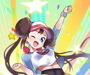 動漫女孩在彩虹星空背景前舉起拳頭歡呼